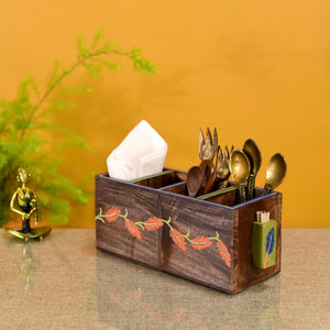 Brown - Autumn Leaf Cutlery Stand Handcrafted in Wood