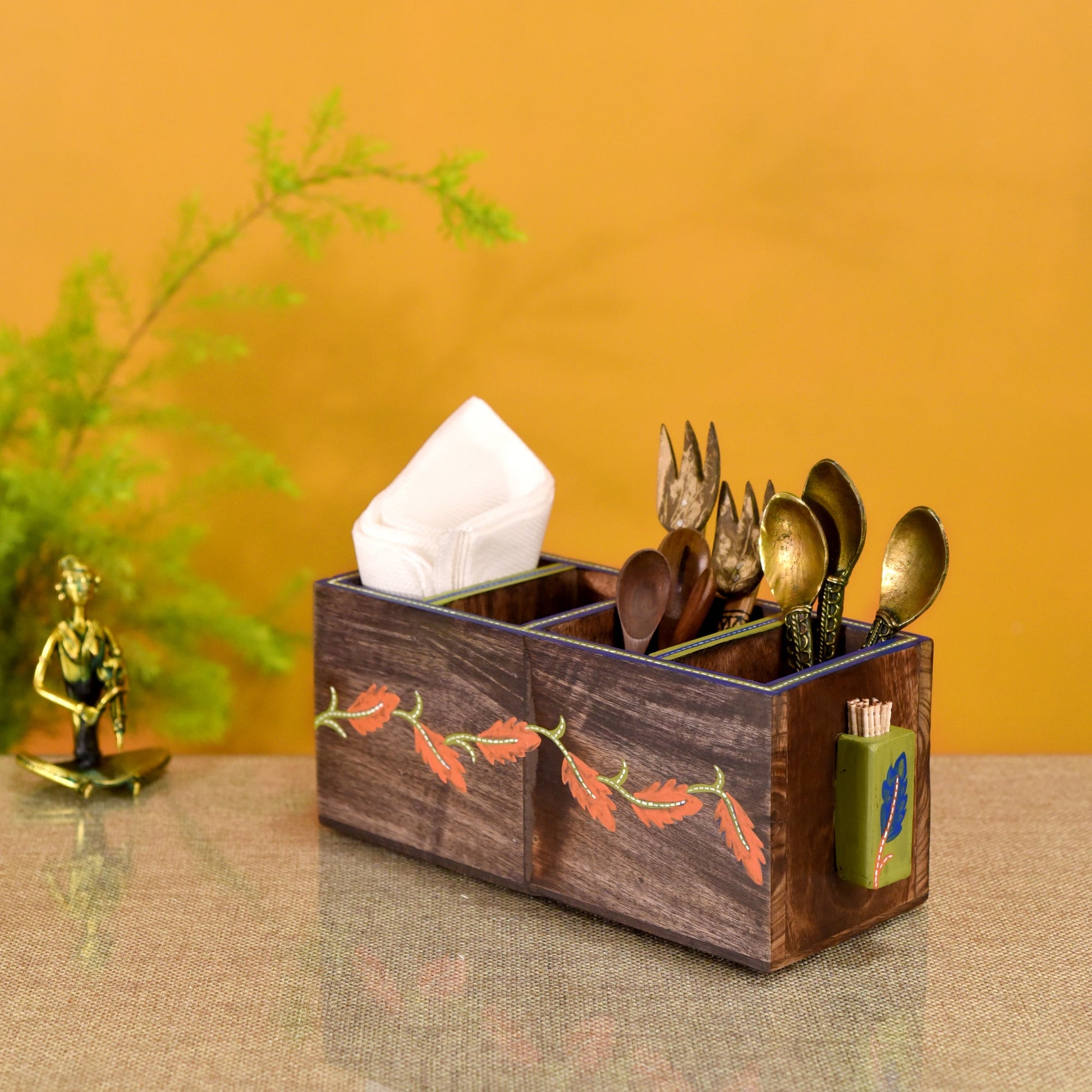 Brown - Autumn Leaf Cutlery Stand Handcrafted in Wood