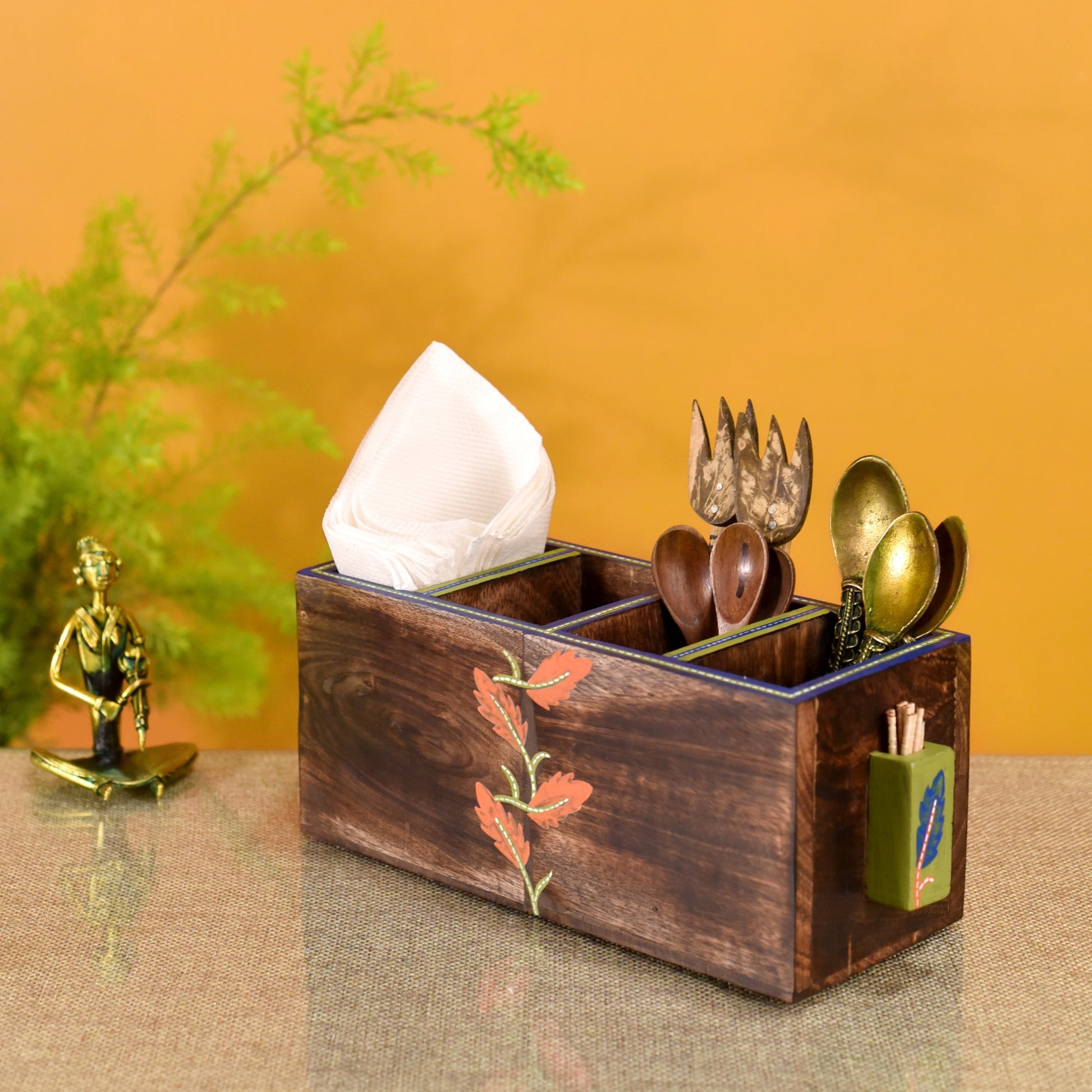 Brown - Autumn Leaf Cutlery Stand Handcrafted in Wood