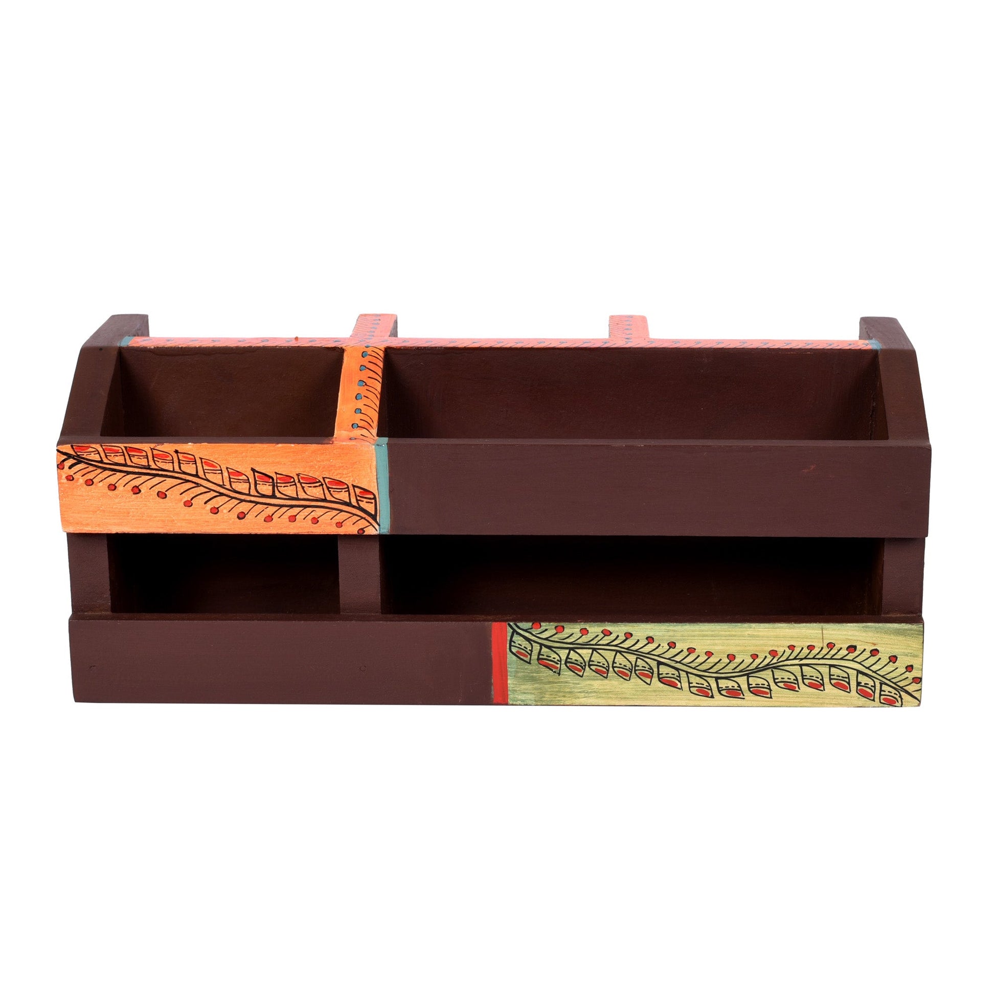 Brown - Cutlery Holder Handcrafted in Wood with Tribal Art (10x3.5x4")