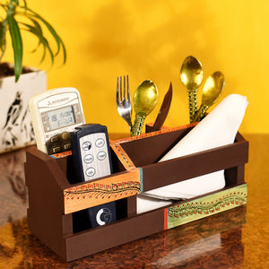 Brown - Cutlery Holder Handcrafted in Wood with Tribal Art (10x3.5x4
