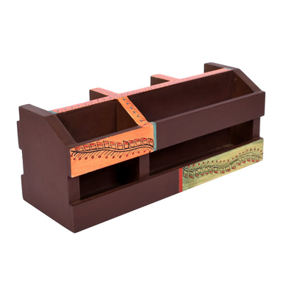 Brown - Cutlery Holder Handcrafted in Wood with Tribal Art (10x3.5x4