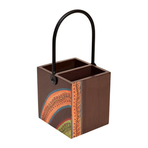 Brown - Cutlery Stand with Floral Patterns Handcrafted in Wood with Iron Handle (4x4x8.5)