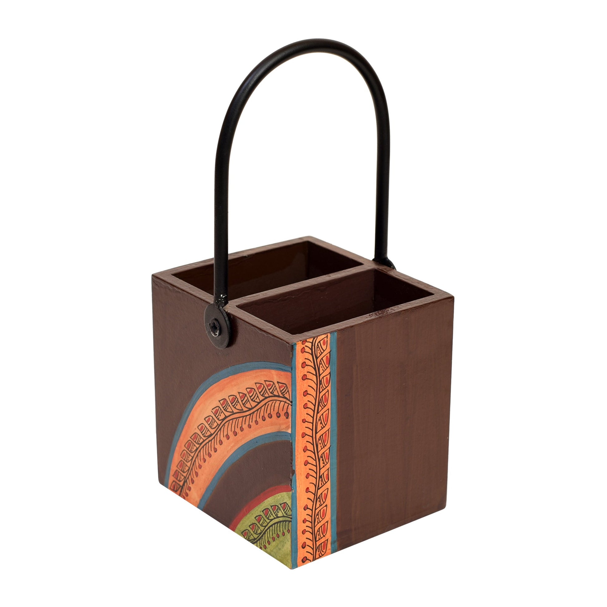 Brown - Cutlery Stand with Floral Patterns Handcrafted in Wood with Iron Handle (4x4x8.5)