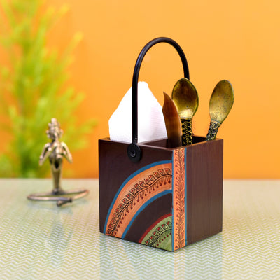 Brown - Cutlery Stand with Floral Patterns Handcrafted in Wood with Iron Handle (4x4x8.5)