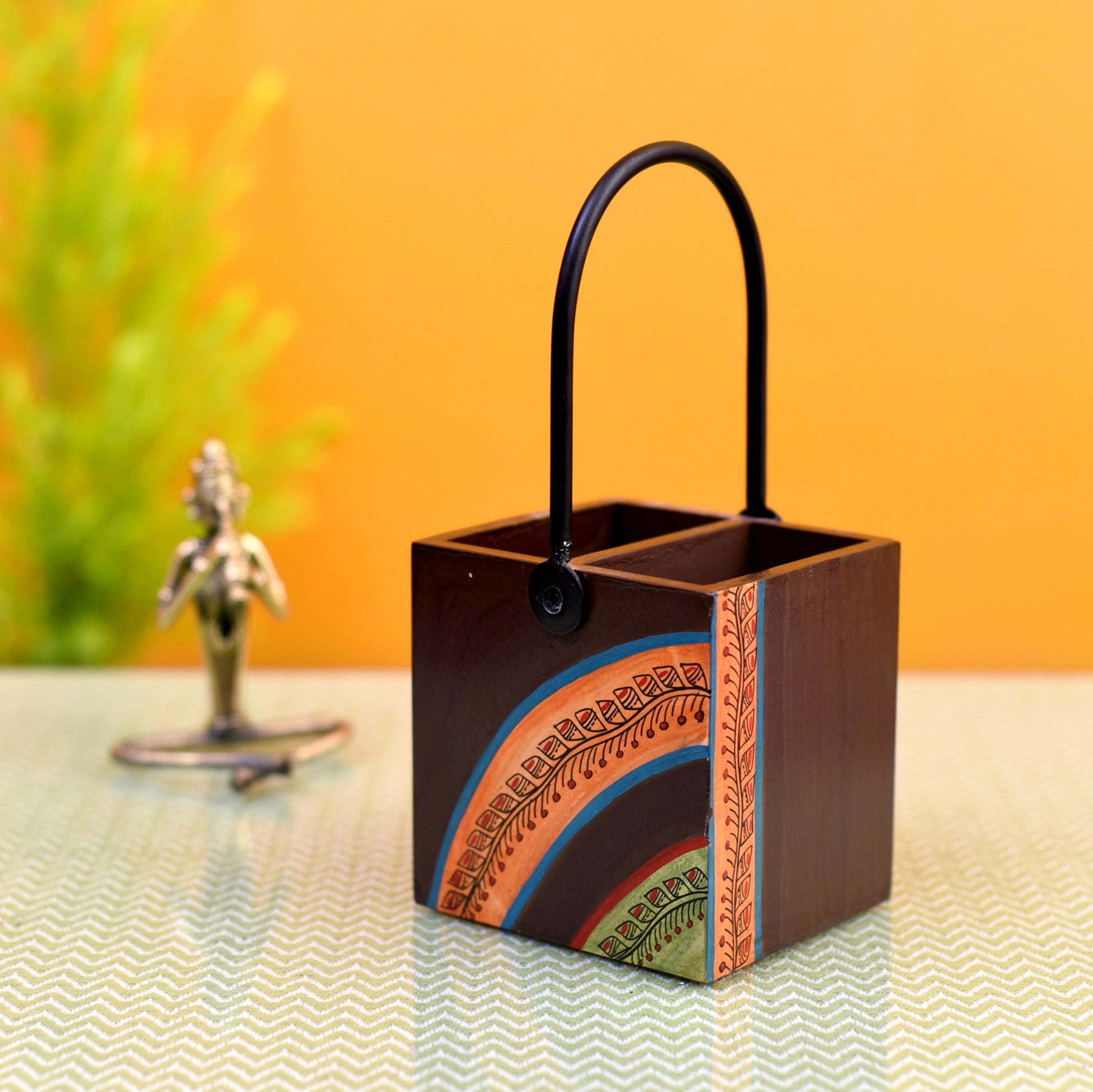 Brown - Cutlery Stand with Floral Patterns Handcrafted in Wood with Iron Handle (4x4x8.5)
