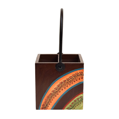 Brown - Cutlery Stand with Floral Patterns Handcrafted in Wood with Iron Handle (4x4x8.5)