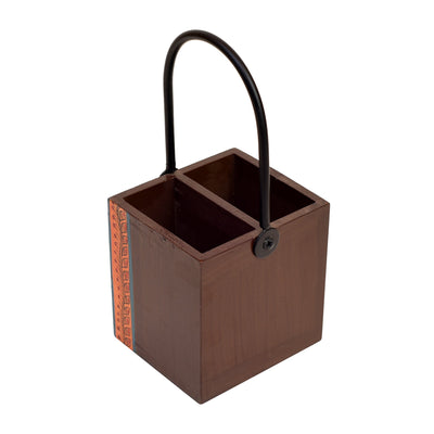Brown - Cutlery Stand with Floral Patterns Handcrafted in Wood with Iron Handle (4x4x8.5)