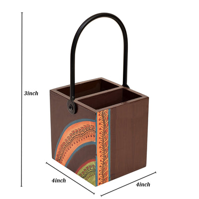 Brown - Cutlery Stand with Floral Patterns Handcrafted in Wood with Iron Handle (4x4x8.5)