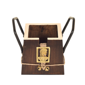 Brown - Handcrafted Wooden Cutlery Holder with Dhokra Art (3.5 x 5 in)