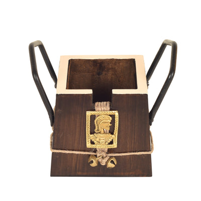 Brown - Handcrafted Wooden Cutlery Holder with Dhokra Art (3.5 x 5 in)