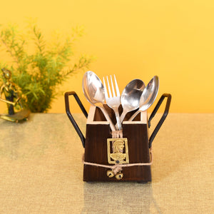 Brown - Handcrafted Wooden Cutlery Holder with Dhokra Art (3.5 x 5 in)