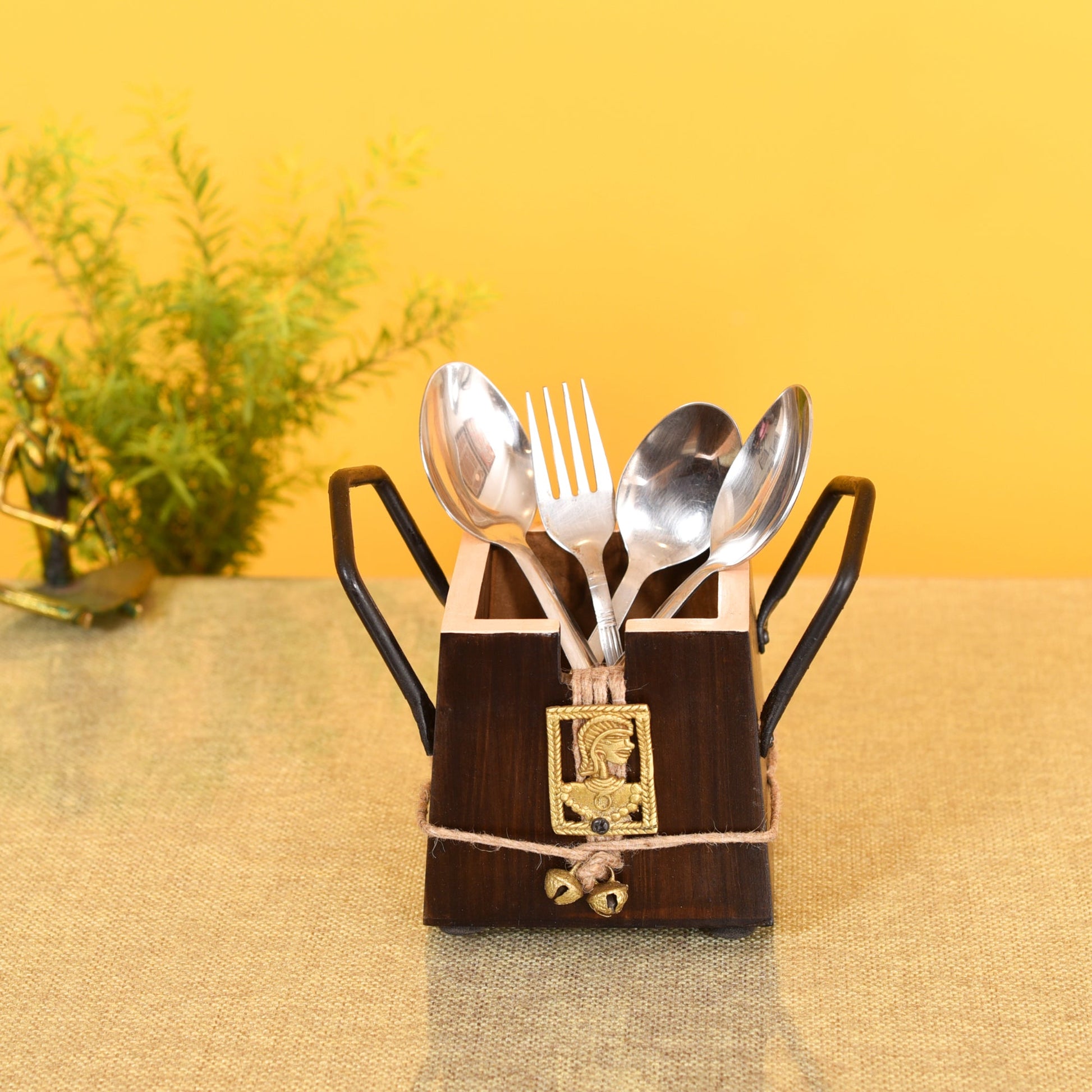 Brown - Handcrafted Wooden Cutlery Holder with Dhokra Art (3.5 x 5 in)