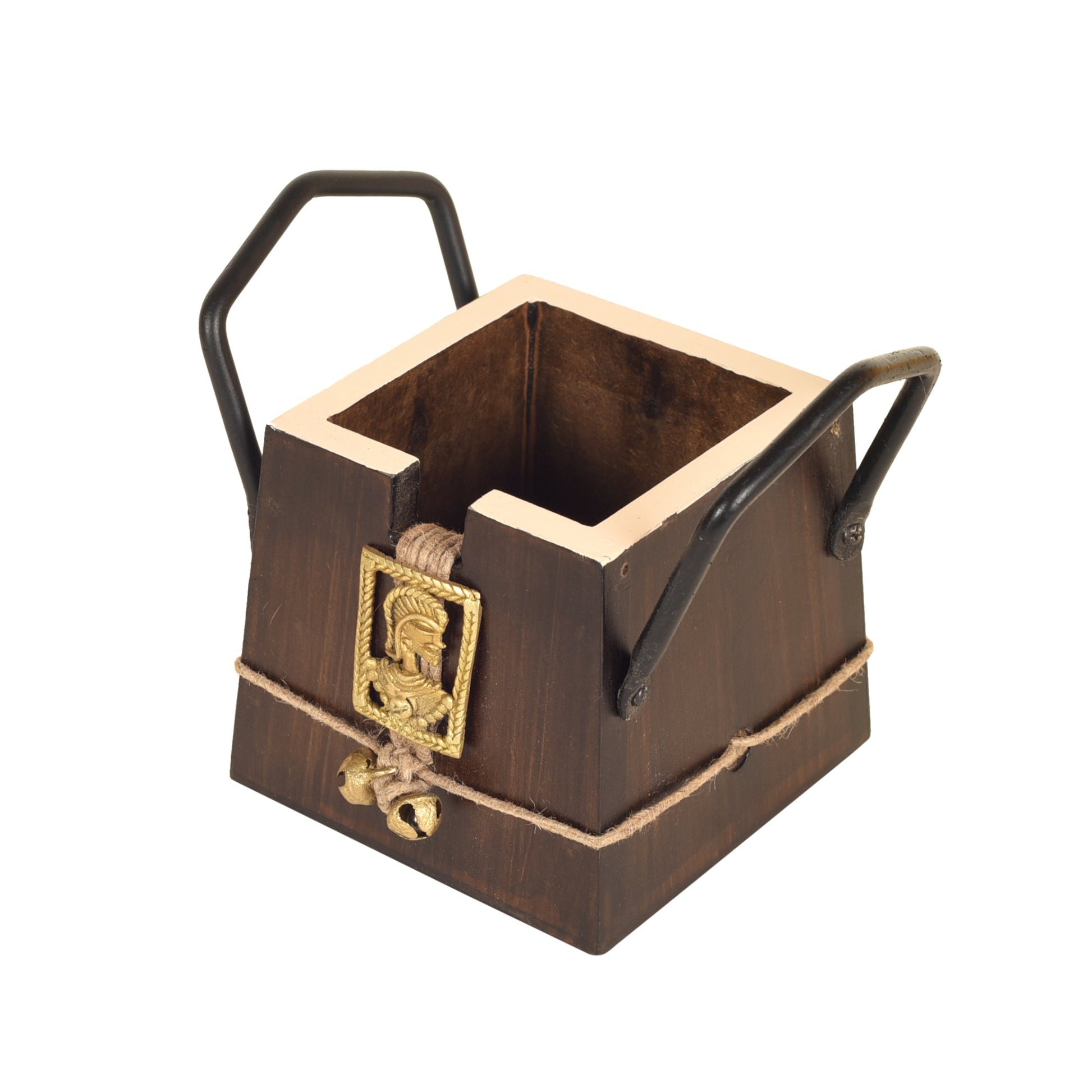 Brown - Handcrafted Wooden Cutlery Holder with Dhokra Art (3.5 x 5 in)