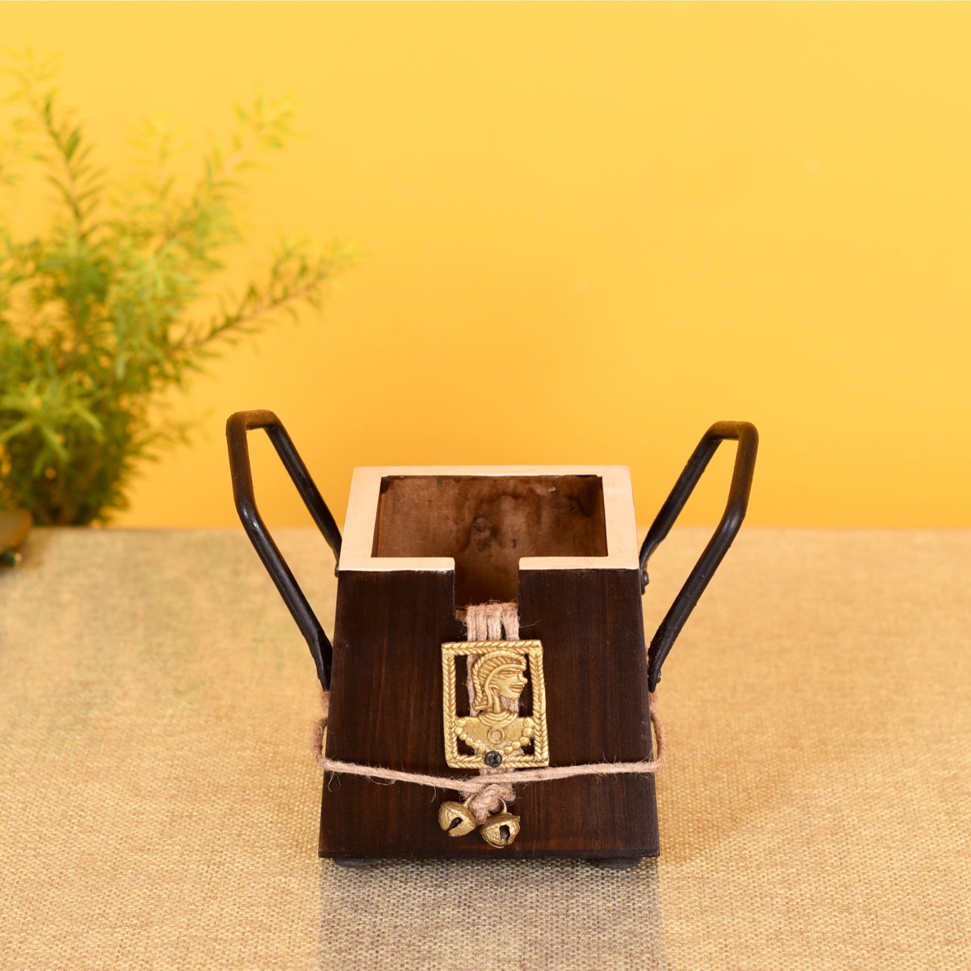 Brown - Handcrafted Wooden Cutlery Holder with Dhokra Art (3.5 x 5 in)