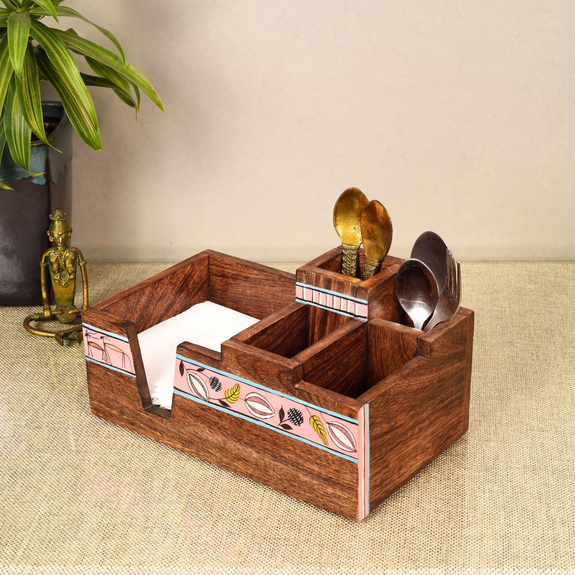 Brown - Leafy Charm Wooden Cutlery Holder (10x6x5)