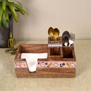 Brown - Leafy Charm Wooden Cutlery Holder (10x6x5)