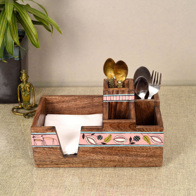 Brown - Leafy Charm Wooden Cutlery Holder (10x6x5)