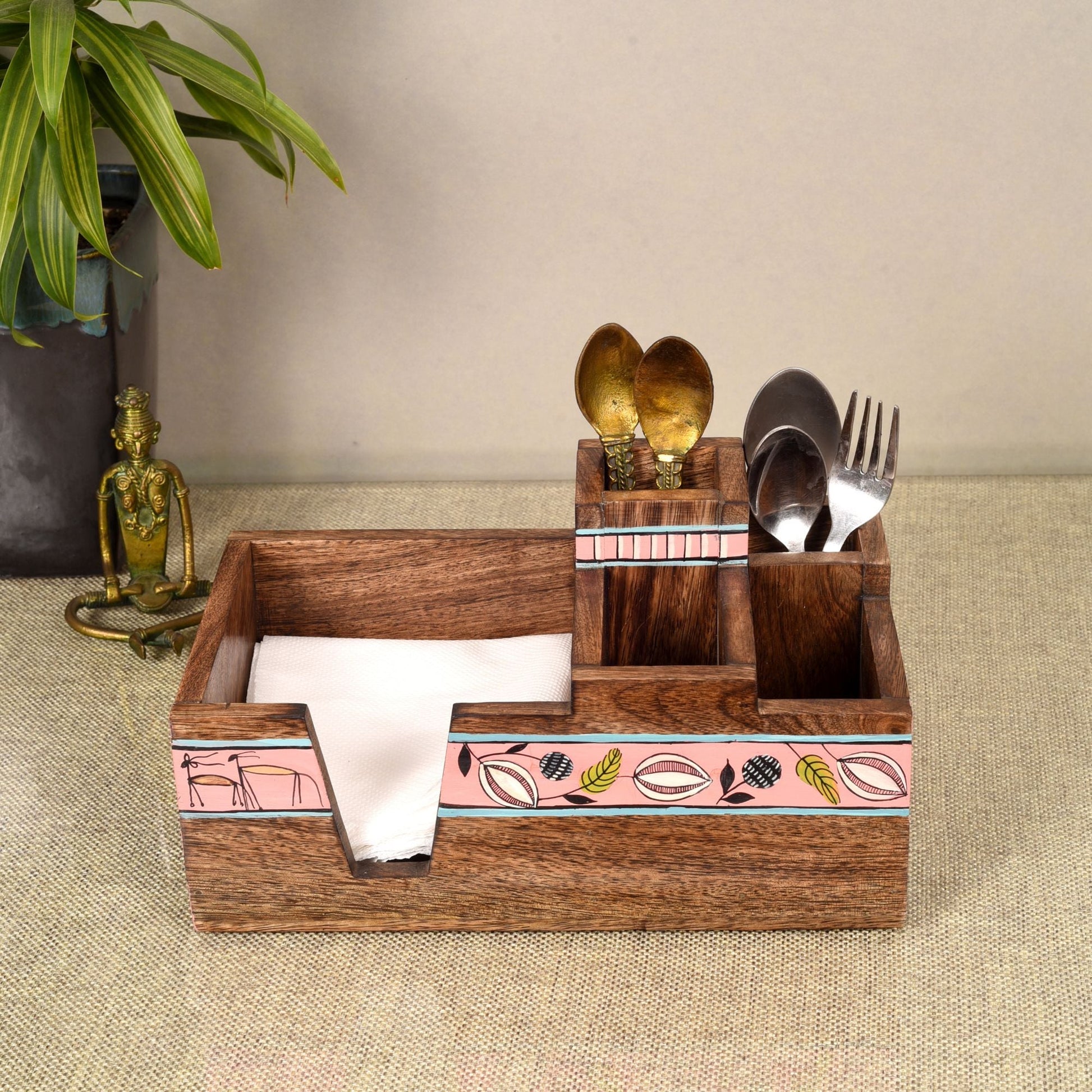 Brown - Leafy Charm Wooden Cutlery Holder (10x6x5)