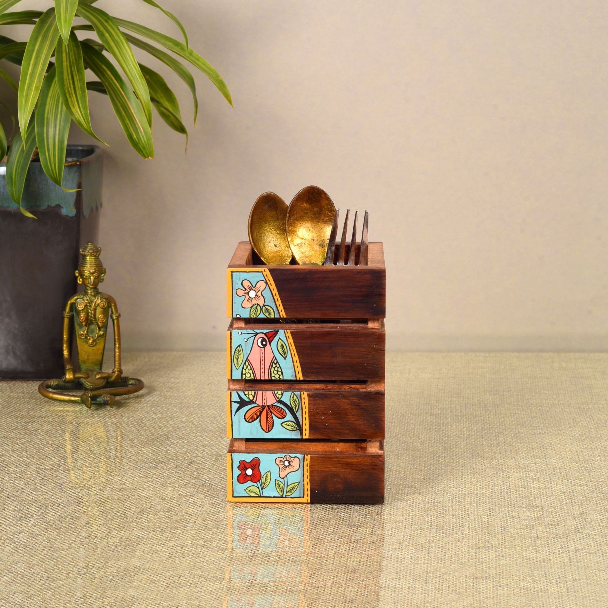 Brown - Artistic Flair Wooden Spoons Holder (3.5x3.5x5)