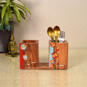 Brown - Floral Delights Wooden Cutlery Holder (7.5x3x4)