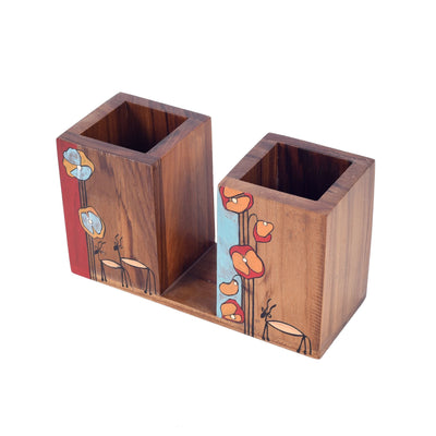 Brown - Floral Delights Wooden Cutlery Holder (7.5x3x4)