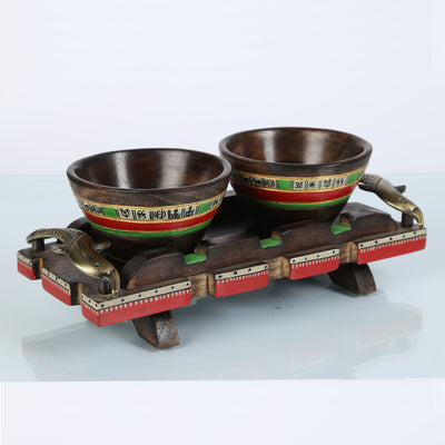 Brown - Bowls & Tray in Wood Hand-painted, Fish Handles So3 (11x5)