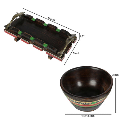 Brown - Bowls & Tray in Wood Hand-painted, Fish Handles So3 (11x5)