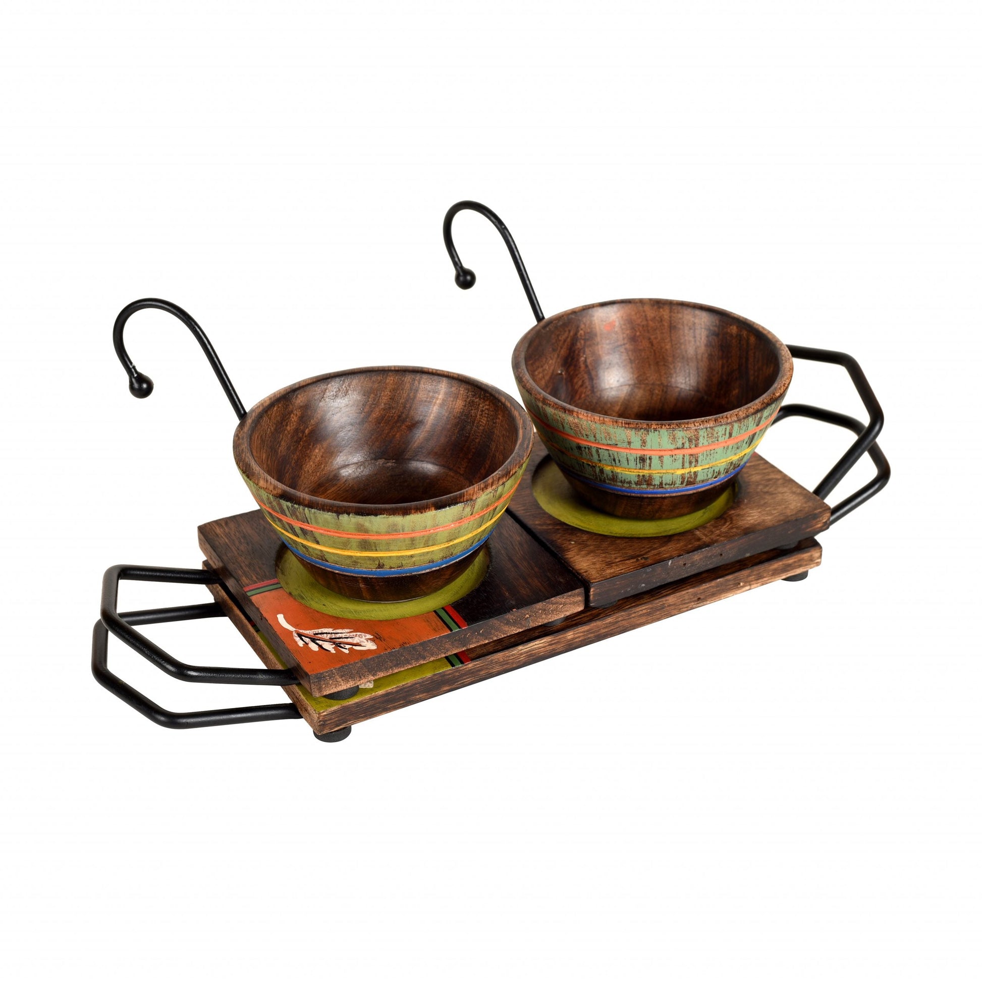 Brown - Hook-ed Snack Bowl with Square Tray Two Sets with One Holding Tray (6.5x4x4.5/13.5x4.5 inches)