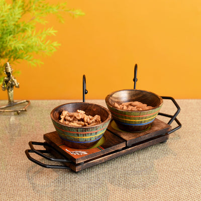 Brown - Hook-ed Snack Bowl with Square Tray Two Sets with One Holding Tray (6.5x4x4.5/13.5x4.5 inches)
