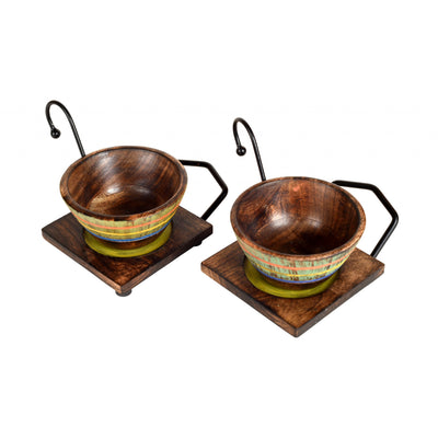 Brown - Hook-ed Snack Bowl with Square Tray Two Sets with One Holding Tray (6.5x4x4.5/13.5x4.5 inches)
