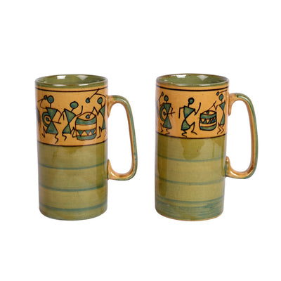 Green - Mug Ceramic Yellow Warli (Set of 2) (5x3.75x3.1)