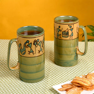 Green - Mug Ceramic Yellow Warli (Set of 2) (5x3.75x3.1)