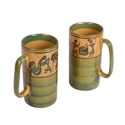 Green - Mug Ceramic Yellow Warli (Set of 2) (5x3.75x3.1)