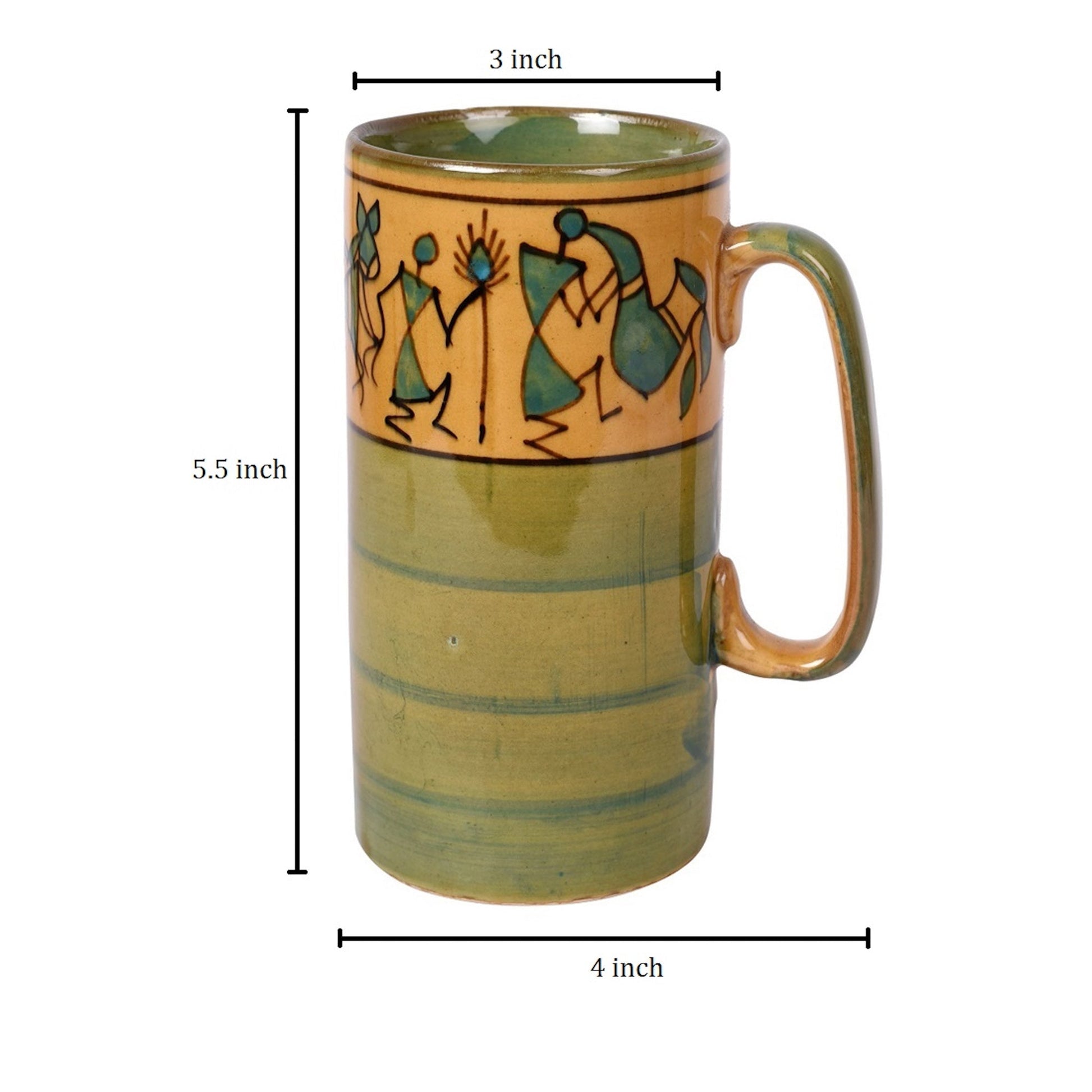 Green - Mug Ceramic Yellow Warli (Set of 2) (5x3.75x3.1)
