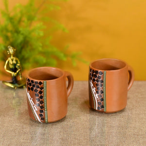 Brown - Knosh-1 Earthen Cups with Tribal Motifs (4.5x3x3.6)