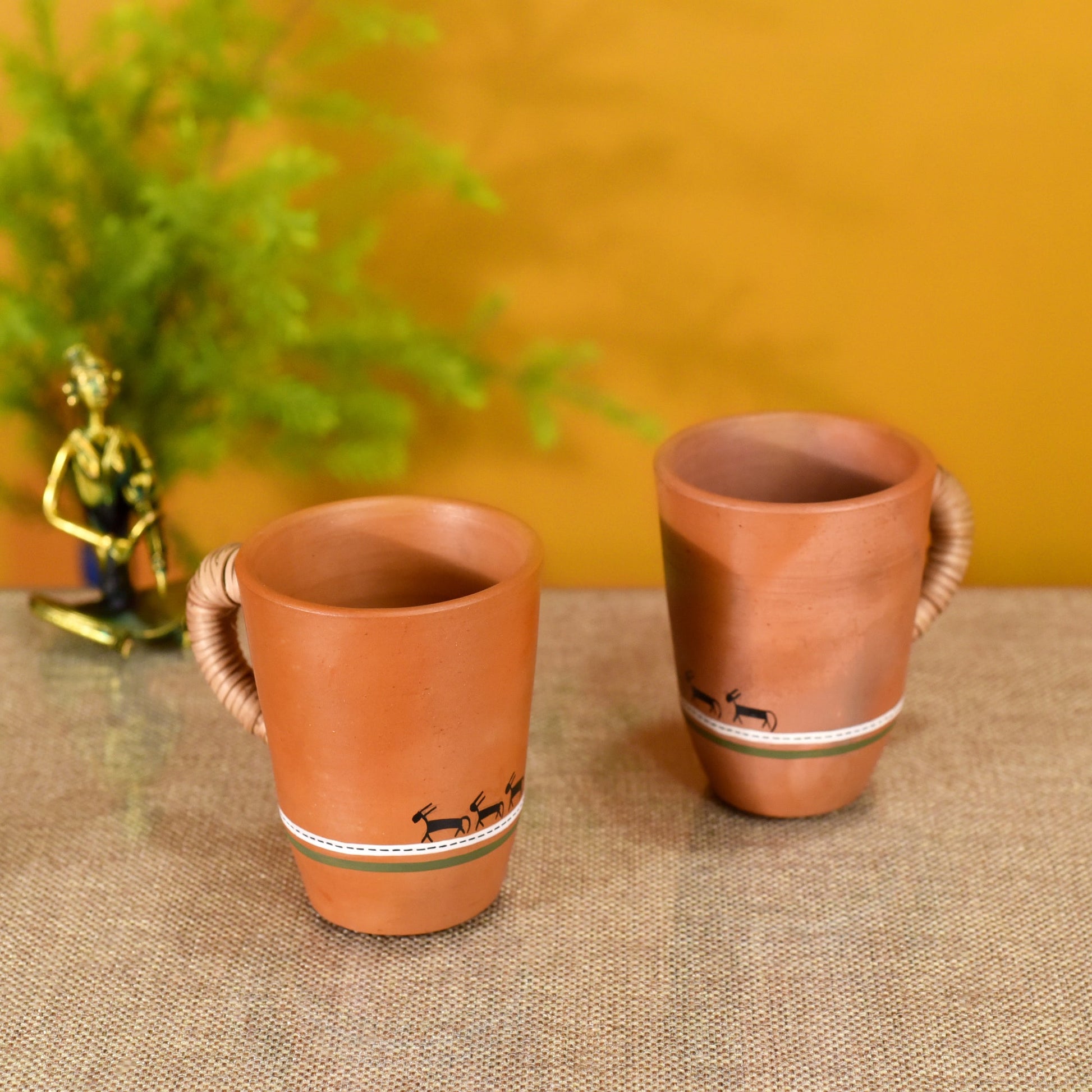 Brown - Knosh-5 Earthen Mugs with Caned Handle (Set of 2)