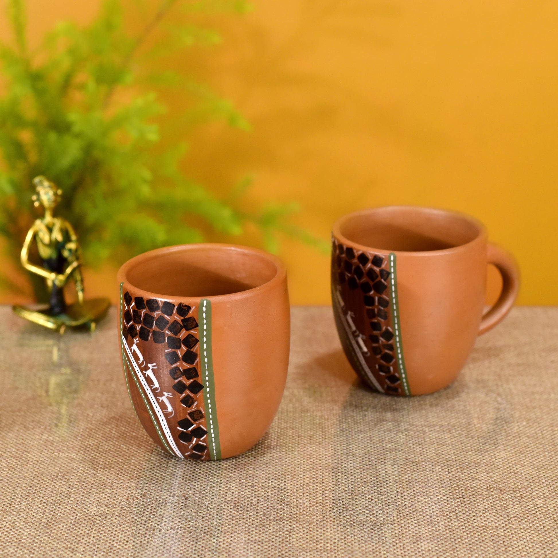 Brown - Knosh-6 Earthen Cups with Tribal Motifs (Set of 2)