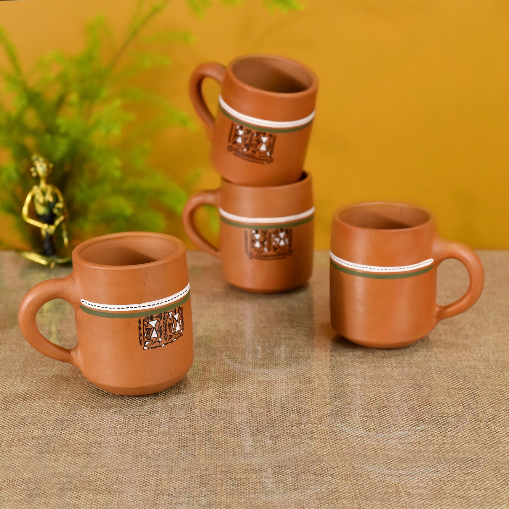 Brown - Knosh-A Earthen Cups with Tribal Motifs (Set of 4)