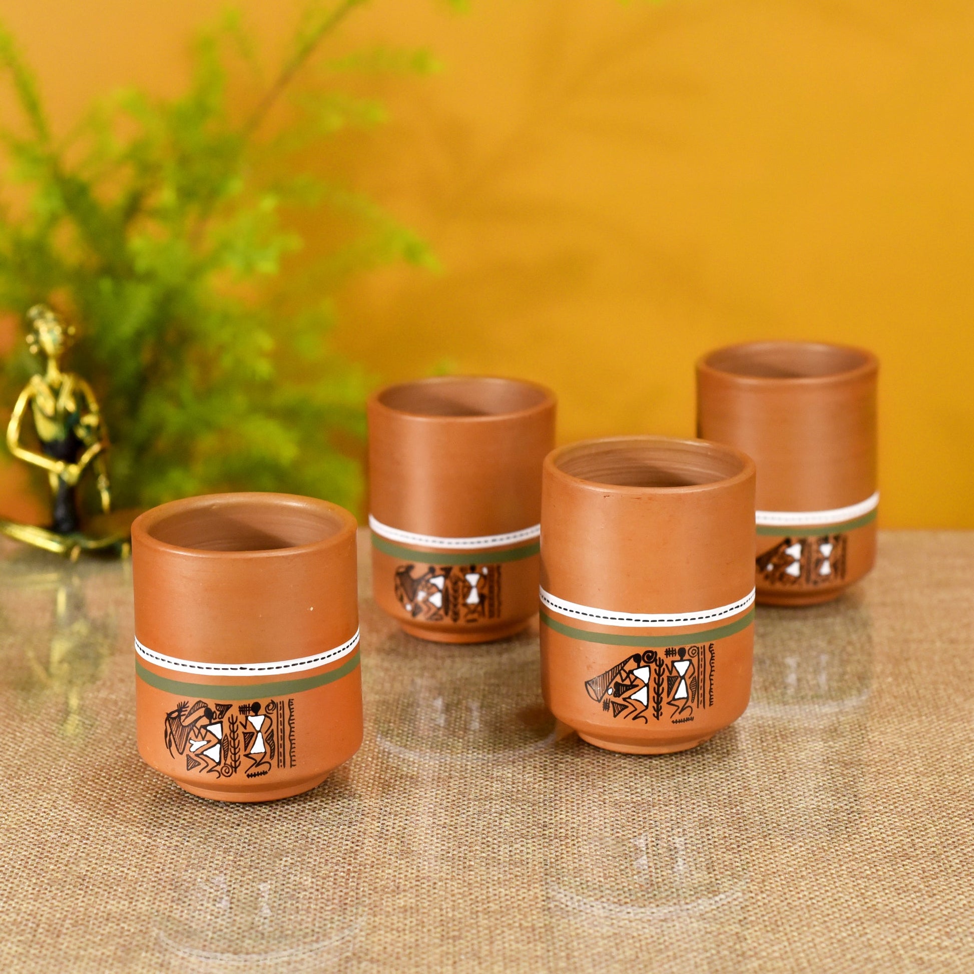 Brown - Knosh-C Earthen Mugs with Tribal Motifs (Set of 4)