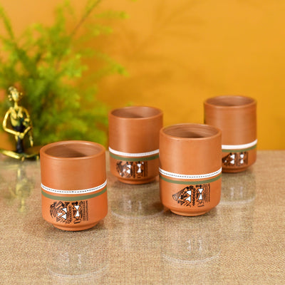 Brown - Knosh-C Earthen Mugs with Tribal Motifs (Set of 4)
