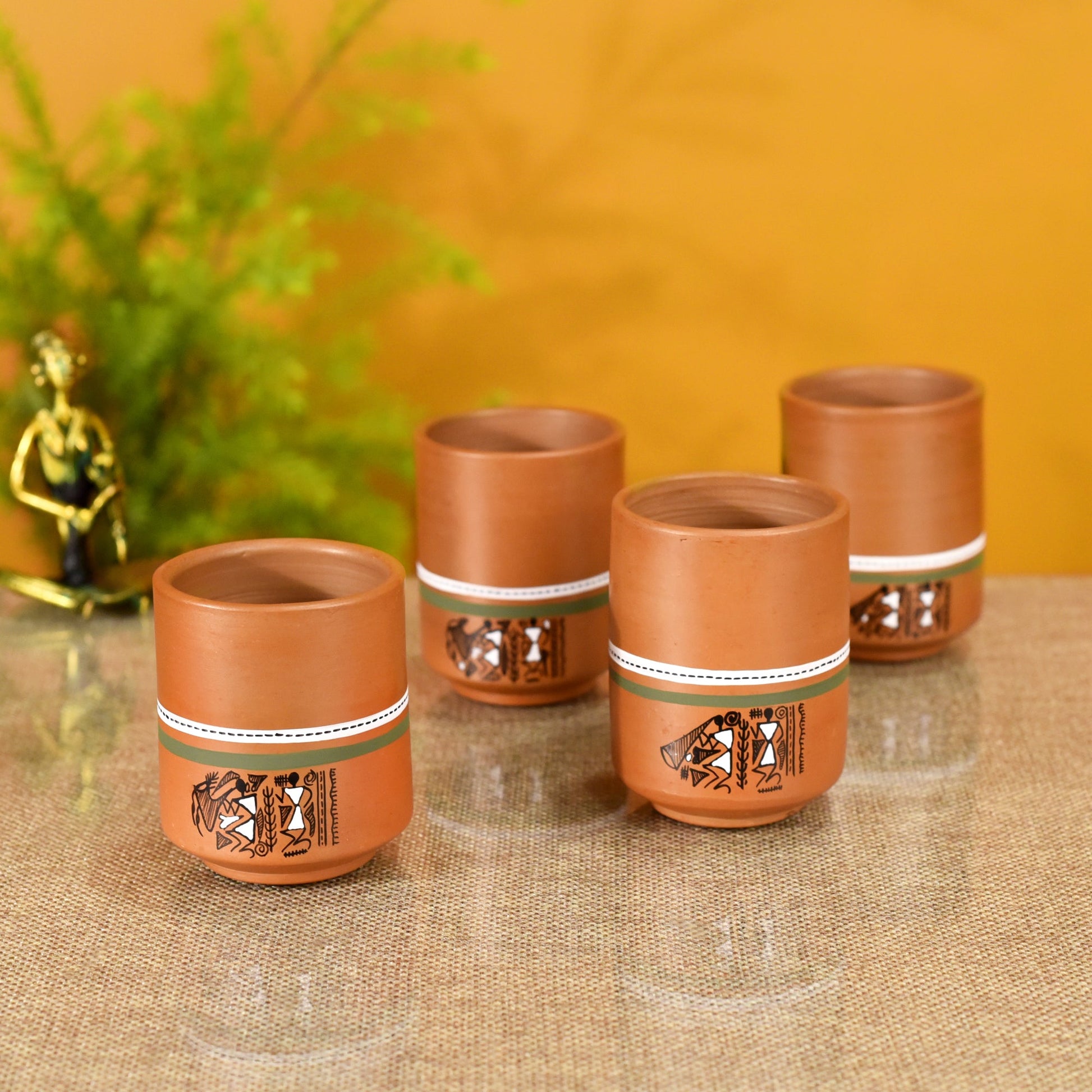 Brown - Knosh-C Earthen Mugs with Tribal Motifs (Set of 4)