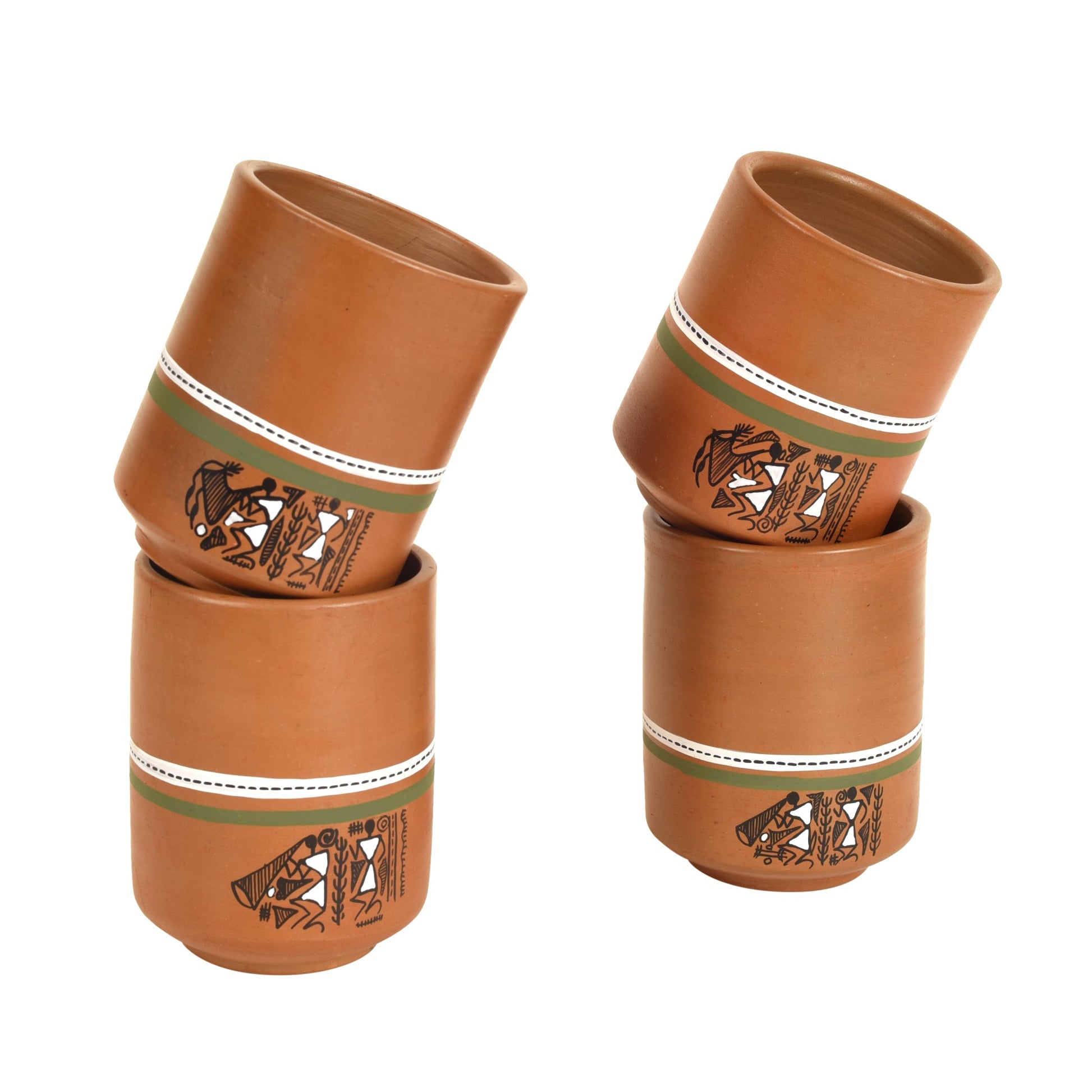 Brown - Knosh-C Earthen Mugs with Tribal Motifs (Set of 4)