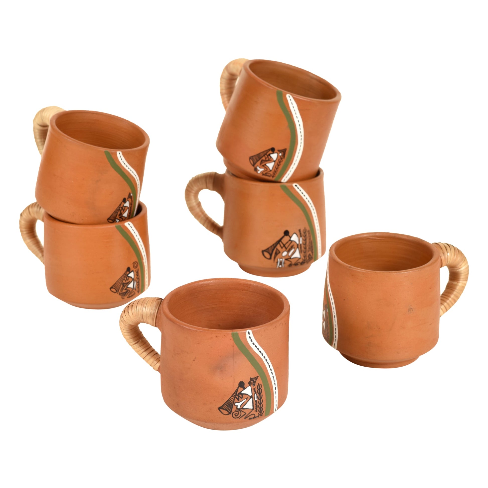 Brown - Knosh-J Earthen Cups with Caned Handle (Set of 6)
