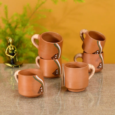 Brown - Knosh-J Earthen Cups with Caned Handle (Set of 6)