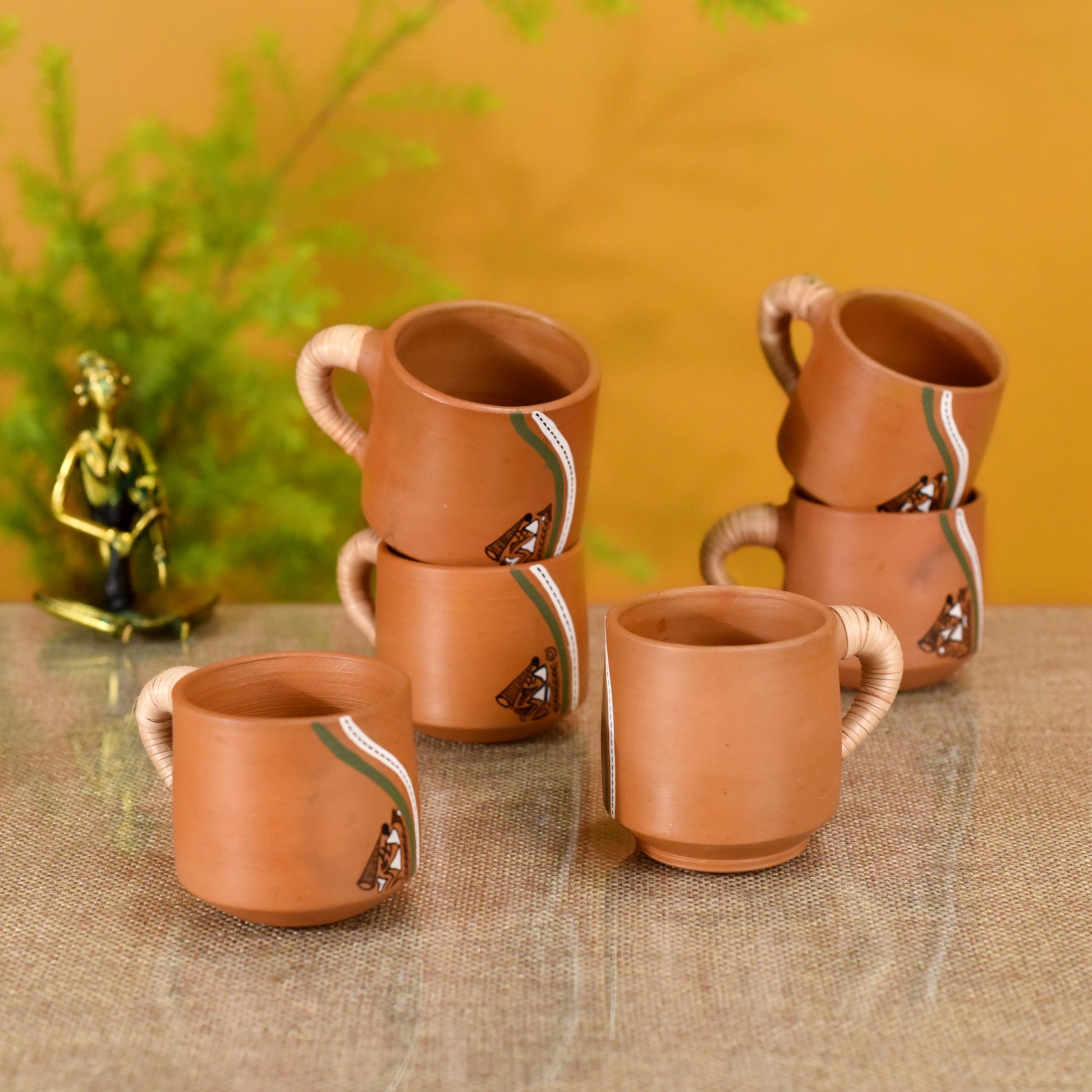 Brown - Knosh-J Earthen Cups with Caned Handle (Set of 6)