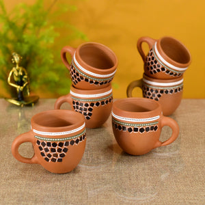Brown - Knosh-L Earthen Cups with Tribal Motifs (Set of 6)