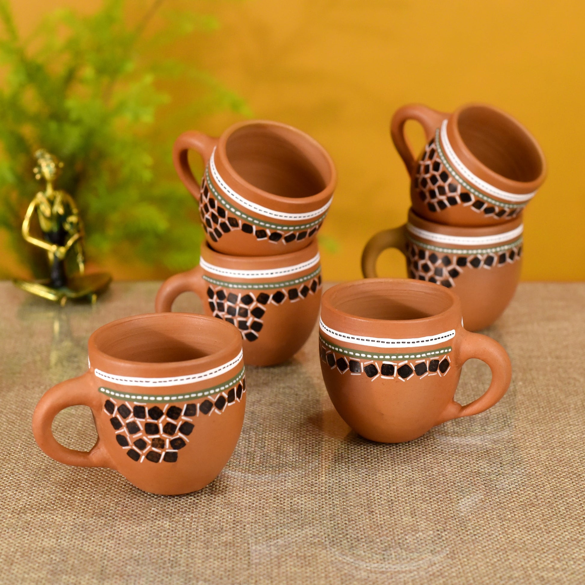 Brown - Knosh-L Earthen Cups with Tribal Motifs (Set of 6)