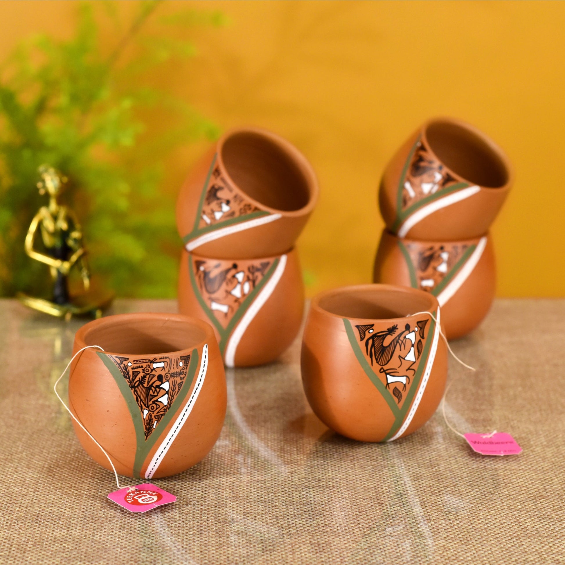 Brown - Knosh-K Earthen Kullads with Tribal Motifs (Set of 6)