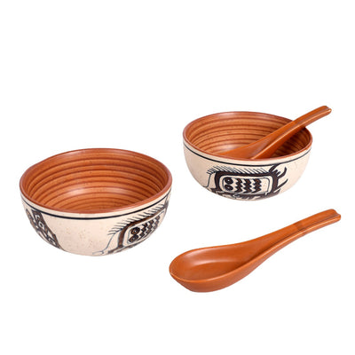 Beige - Soup Bowl Ceramic Tribal Motif with spoon (Set of 2) (2.2x5)